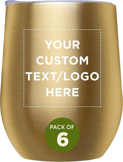 Custom Stemless Wine Glass Tumblers with Lids by Largo 11 oz. Set of 6, Personalized Bulk Pack - Perfect for Wine, Cocktails, Other Hot & Cold Beverages - Gold