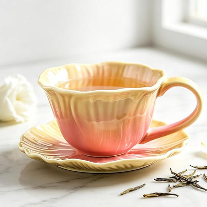 10 oz Tea Cups and Saucers, Flower-Shaped Ceramic Latte Art Cappuccino Cup and by Unknown