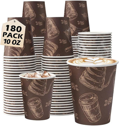 180 Pack 10 oz Disposable Paper Coffee Cups, Hot/Cold Beverage Drinking Cups, Brown Hot Coffee Cups for Party, Picnic, Travel, and Events