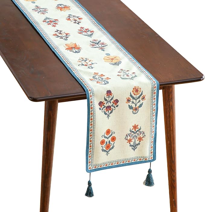 Designer French Linen Table Runner, Floral Pattern, Dining Table, Kitchen Decor by Isaennehomedecoration