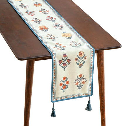 Designer French Linen Long Table Runner, Floral Pattern, Dining Table, Kitchen by Isaennehomedecoration