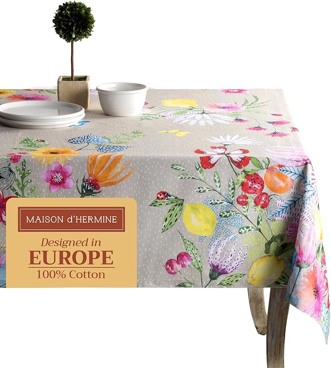 Maison d' Hermine Table Cloth Rectangle Table 100% Cotton 60 x 90 Inches Tablecloth Reusable Decorative for Dining Room Farmhouse Home Valentines Day Decorations Spring Summer - Jardin D'Ete - Fog