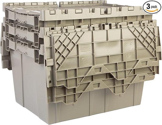 Hudson Exchange 21.9 x 15.2 x 12.8” (3 Pack) Storage Tote Distribution Container with Hinged Attached Lid, Gray/Brown