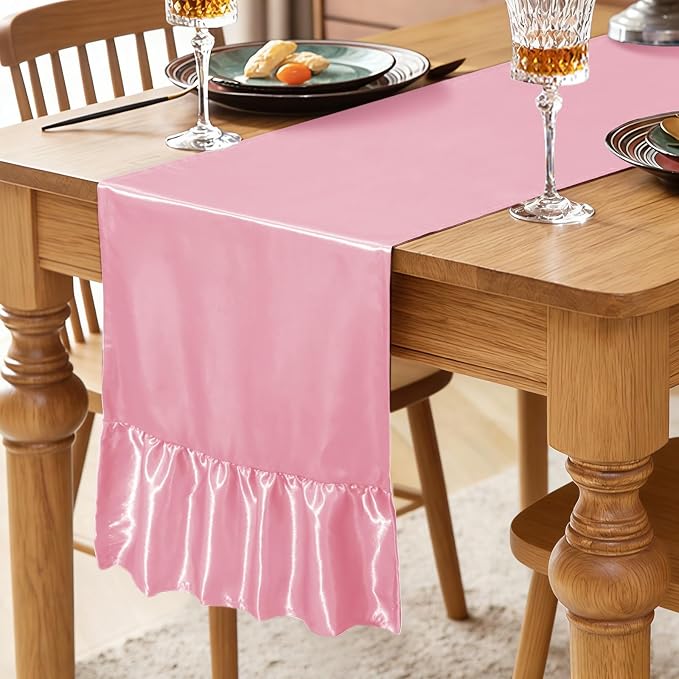 2 Pack Pink Satin Table Runner 12 x 108 Inch | Ruffle Design, Luxurious Dining - Image 2
