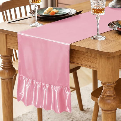 2 Pack Pink Satin Table Runner 12 x 108 Inch | Ruffle Design, Luxurious Dining - Image 2