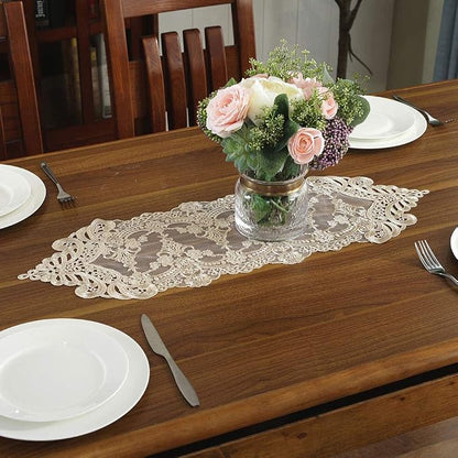 ARTABLE Champagne Small Lace Table Runner Macrame Dresser Scarf 10x36 Inch | - Image 2