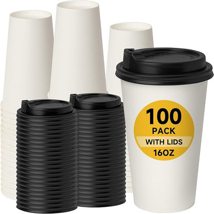 RACETOP Coffee Cups with Lids 16 oz, 100 Pack Disposable To Go Cups | Thickened by RACETOP