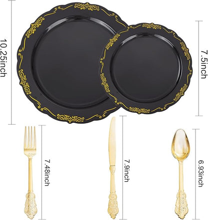 DaYammi 150Pcs Black Gold Plastic Plates & Plastic Silverware,Black Disposable Plates for Party Include 30 Dinner Plate,30 Dessert Plate,30 Knives,30 Forks,30 Spoons,black plates for Party Wedding