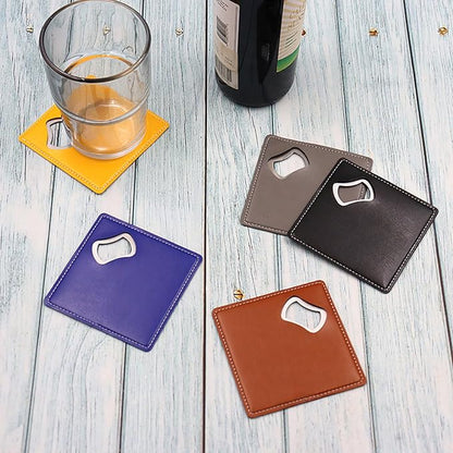 PU Leather Drink Coaster with Bottle Opener Stainless Steel Bartender Beer - Image 6