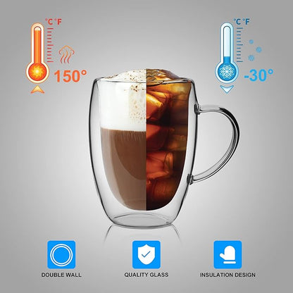 LIBWYS 6 Pack Double Walled Coffee Cups Glasses Mugs, 12oz Espresso Cappuccino Latte Tea Cups with Handle, Heat Resistant Borosilicate Clear Glasses 350ml