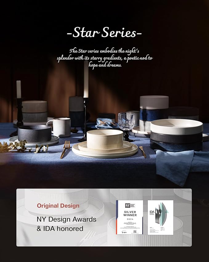 famiware Star 8.25" Pasta Bowls Set of 6, Bowl Plates, Matte Dark Charcoal | - Image 7