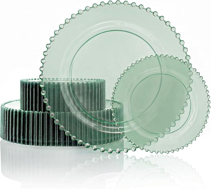 U-QE 60PCS Clear Green Plastic Plates, Beaded Plates Disposable Heavy Duty | by U-QE