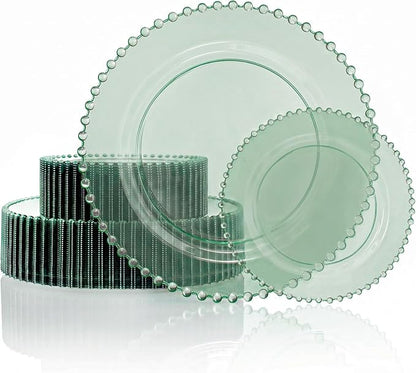 U-QE 60PCS Clear Green Plastic Plates, Beaded Plates Disposable Heavy Duty | by U-QE