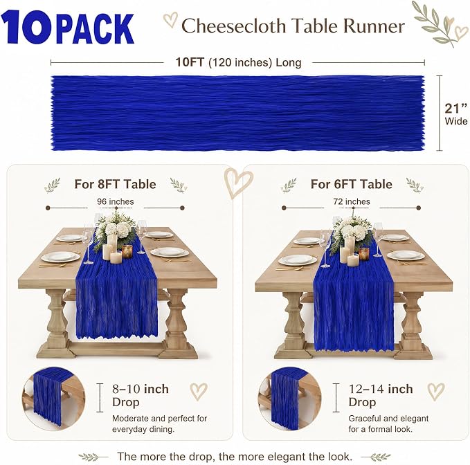10 Pack Royal Blue Table Runner 10FT Gauze Cheesecloth Table Runner | 21x120 - Image 3