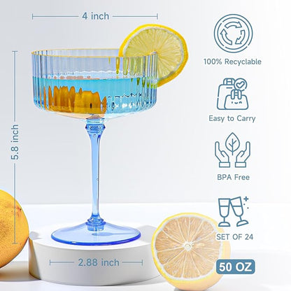XUWAIDSGN 50 Pcs Champagne Martini Glasses 9 Oz with Gilded Removable Gold Rim Coupe Glasses Pink Martini Glasses Plastic Mimosa Vintage Coupe Glasses Set For Wedding Anniversary (50, Clear Blue)