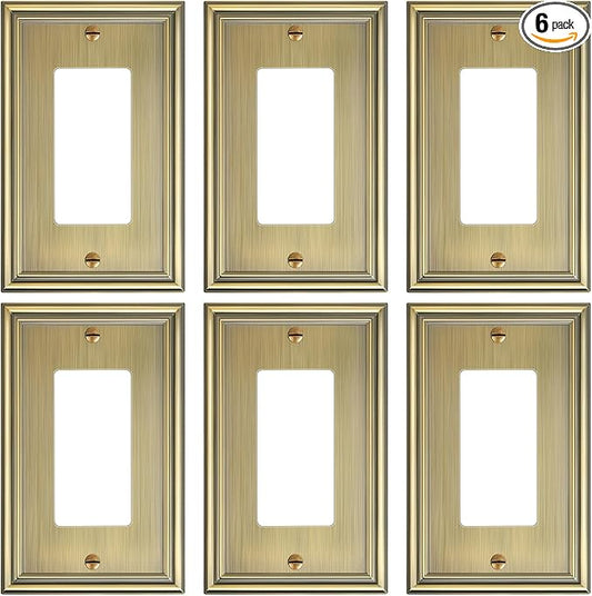 6-Pack Decorator Outlet Cover Plate, Antique Brass Decorative Switch Plates and Outlet Covers, Durable Zinc Alloy Wall Plates for Electrical Outlets, Receptacle, GFCI Outlet, Dimmer Switch