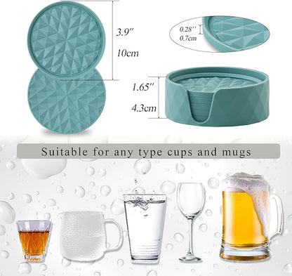 Silicone Coasters for Drinks[6 Pack]- Cup Mat with Holder for Tabletop Protection-Non-Slip, Non-Stick, Coffee Table Decor, Great Gift for Any Occasion, Light Blue