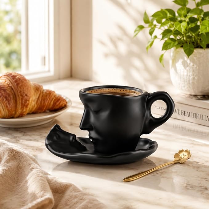 Tea Cup and Saucer Set Ceramic Kissing Couple Coffee Mug Set - Image 2