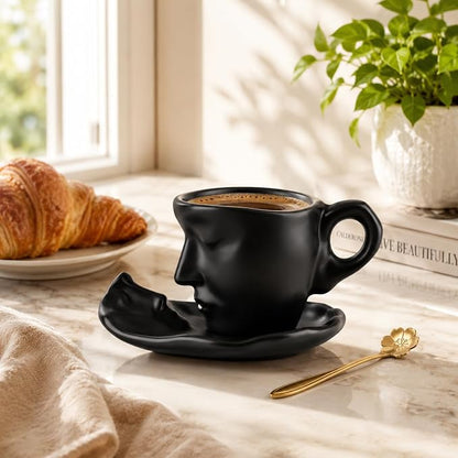 Tea Cup and Saucer Set Ceramic Kissing Couple Coffee Mug Set - Image 2