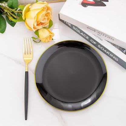 I00000 144Pcs Black and Gold Dessert Plate Set, Including 72Pcs Black and Gold Plastic Plates 7.5" and 72Pcs Disposable forks 8.5", Fancy Salad Plates with Gold Rim for Thanksgiving and Party