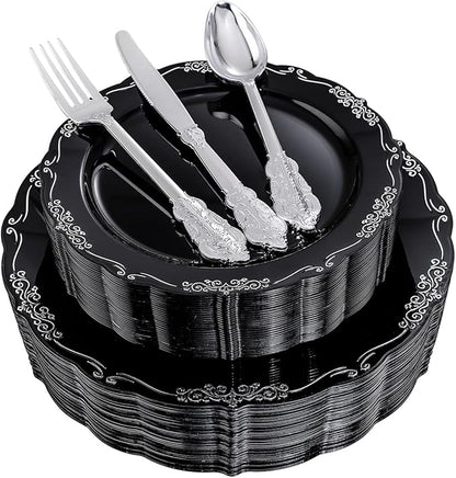 DaYammi 150 Pcs Black Silver Plastic Plates & Silver Plastic Silverware,Black silver Disposable plates for Include 30 Dinner Plate,30 Dessert Plate,30 Knives,30 Forks,30 Spoons for Party Wedding