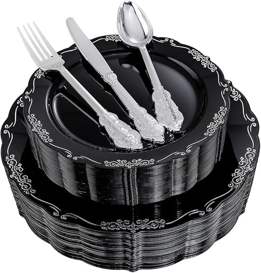 DaYammi 150 Pcs Black Silver Plastic Plates & Silver Plastic Silverware,Black silver Disposable plates for Include 30 Dinner Plate,30 Dessert Plate,30 Knives,30 Forks,30 Spoons for Party Wedding