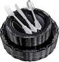 DaYammi 150 Pcs Black Silver Plastic Plates & Silver Plastic Silverware,Black silver Disposable plates for Include 30 Dinner Plate,30 Dessert Plate,30 Knives,30 Forks,30 Spoons for Party Wedding