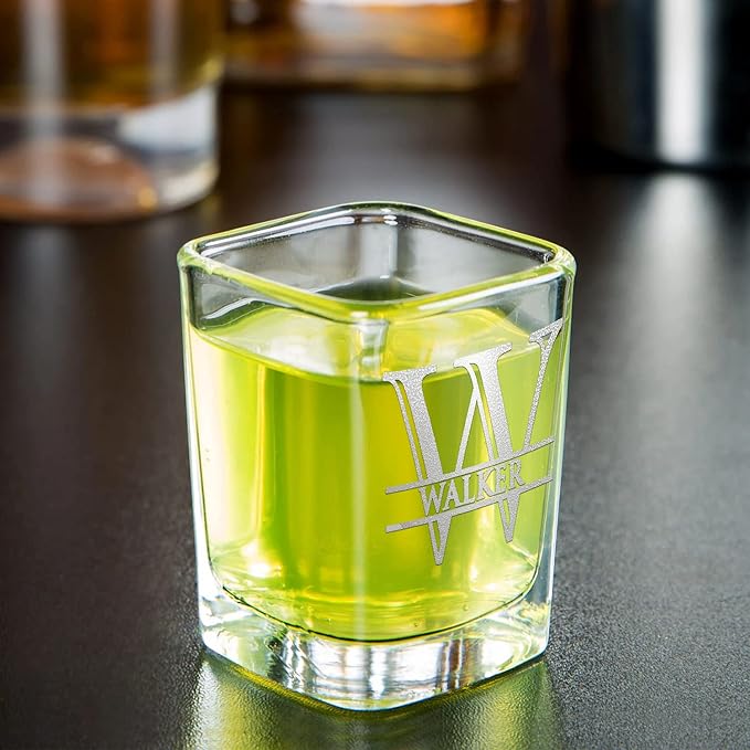 Personalized Square Shot Glasses Set of 12 Green Bottom 2oz Engraved Initial and Name Custom Gifts, Weddings, Birthdays, Party, Event, Decorations