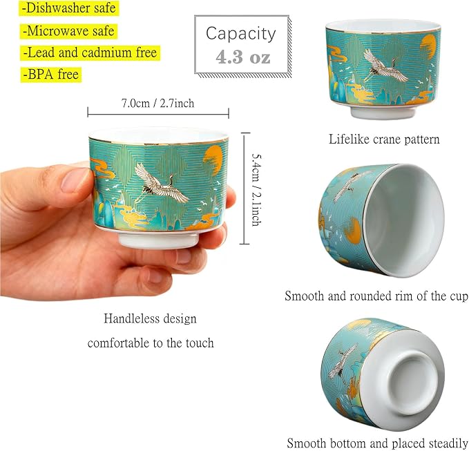 Chinese Tea Cups Set of 4, Crane Pattern Enamel Ceramic Cup, 4.3 oz | Handleless - Image 5