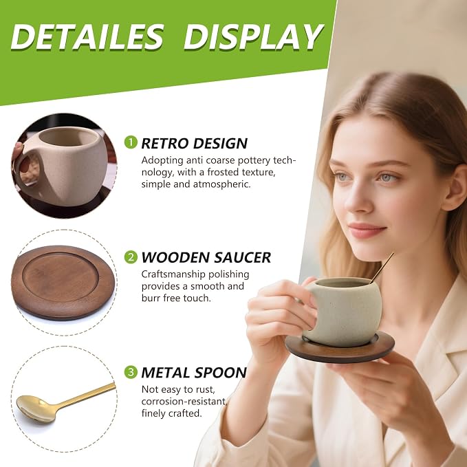 Ceramic Coffee Mug Set with Natural Wood Saucer & Spoon - Image 4