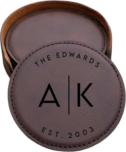 Custom Round Engraved Coasters, Personalized Leather Coaster, Laser Engraved by Obsidian+Home+Creations