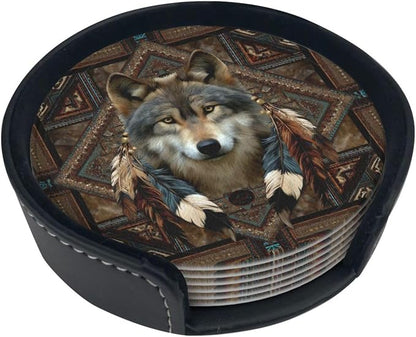 6 Pack Native American Wolf Feathers Leather Coasters - Image 4