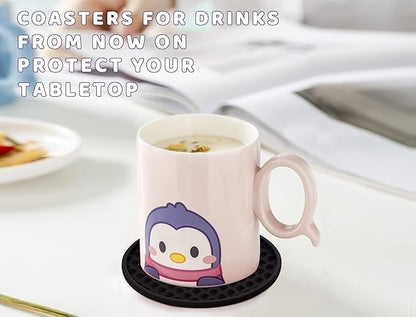 Coasters for Drinks 6 Pack Drinking Coaster with Holder,Heat Resistant Silicone Cup Mat Tabletop Protection,Non-Slip Rubber Coasters for Kinds of Cups (Black)