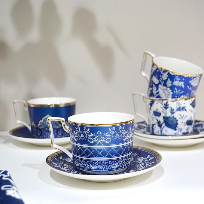 ACMLIFE Bone China Tea Cups and Saucers Set of 4, 6.8 oz Blue and White Tea - Image 2