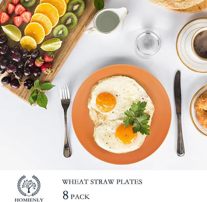 Homienly Flat Dinner Plates Set of 8 Alternative for Plastic Plates Microwave and Dishwasher Safe Wheat Straw Plates for Kitchen Unbreakable Kids Plates(Orange, 10 inch)