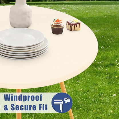 Round Spandex Tablecloth 2 Pack, Elastic Fitted Waterproof Tablecloths for 45"-56" Tables, Stretch Washable Picnic Table Cover for Camping, Dining, Indoor and Outdoor, Beige