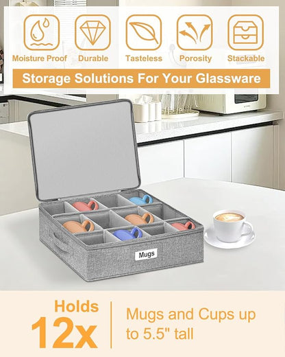 punemi Mug Storage Organizer w/Hard Shell Sides & Bottom, Padded Dividers, 2-Pack Stackable Coffee Mug Storage Boxes for Tea Cups, China Storage Containers for Packing & Moving