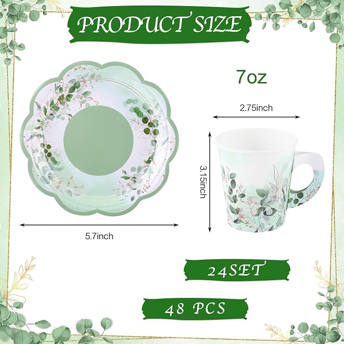 24 Sets Eucalyptus Leaf Tea Party Cups, 7 OZ Disposable Paper Tea Cups | - Image 2