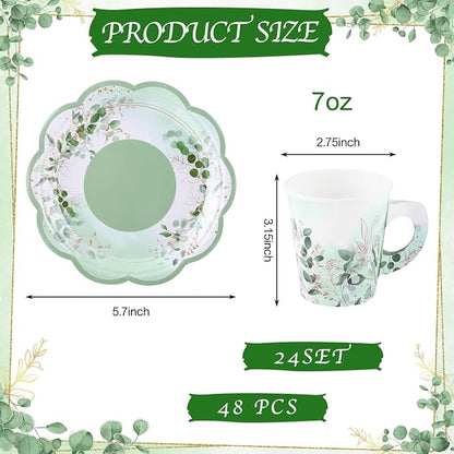 24 Sets Eucalyptus Leaf Tea Party Cups, 7 OZ Disposable Paper Tea Cups | - Image 2