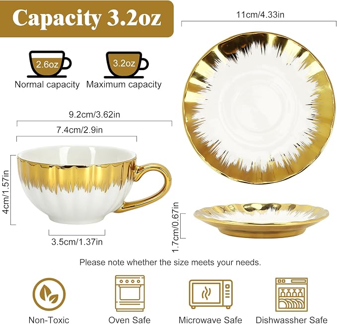 Espresso Cups with Saucers, 3.5 OZ Gold Ceramic Coffee Cup Set of 6, Demitasse - Image 3