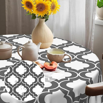 Laeacco 24 Inch Morocco Round Tablecloth Grey White Geometric Lattice Modern Abstract Art Print Table Cloth Washable Waterproof Wrinkle Free Table Cover for Kitchen Dining Picnic Party Decoration