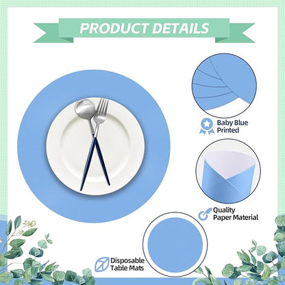 50 Pieces Baby Blue Paper Place Mats Round Disposable Table Mats Blue Paper Doilies Decorative Placemats for Wedding Banquet Party Home Dining Tableware Decor