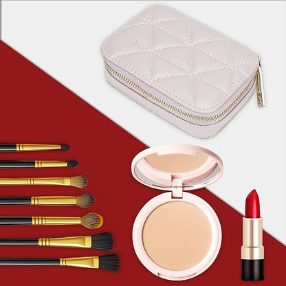Lipstick Holder with Mirror for Purse, Genuine Leather Makeup Case, Compact Zippered Travel Cosmetic Organizer, Beige
