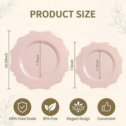 COLOSUS 60 Pack Pink Plastic Plates Set for 30 Guest,Pink Party Plates,Heavy Duty Pink Plates,include 30 Dinner plates& 30 Salad/Dessert plates for Party,Spring,Wedding,Birthday,Valentines,Easter Day