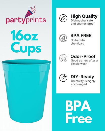 PartyPrints 100 Pack 16 oz Turquoise Reusable Blank Plastic Cups, Stadium Cups - Image 2