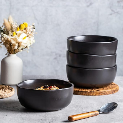 AmorArc Stoneware Cereal Bowls for Kitchen, 28oz Large Ceramic Soup Bowls Set of 4 for Meal, Oven, Microwave&Dishwasher safe Kitchen Bowls with Wavy Rim, Matte Black
