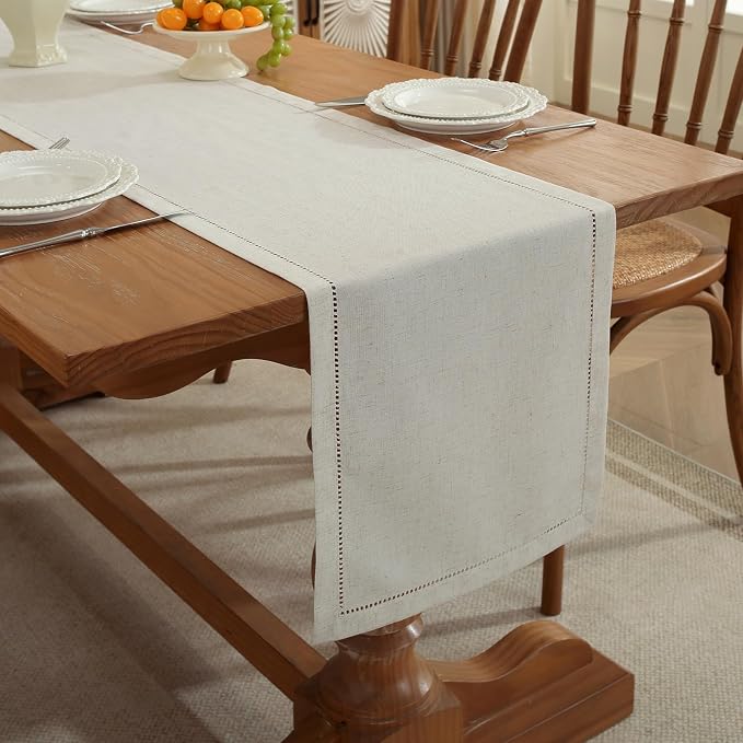 Linen Blend Table Runner – Light Natural Handmade Hemstitch, Classic Style by Zdolmy