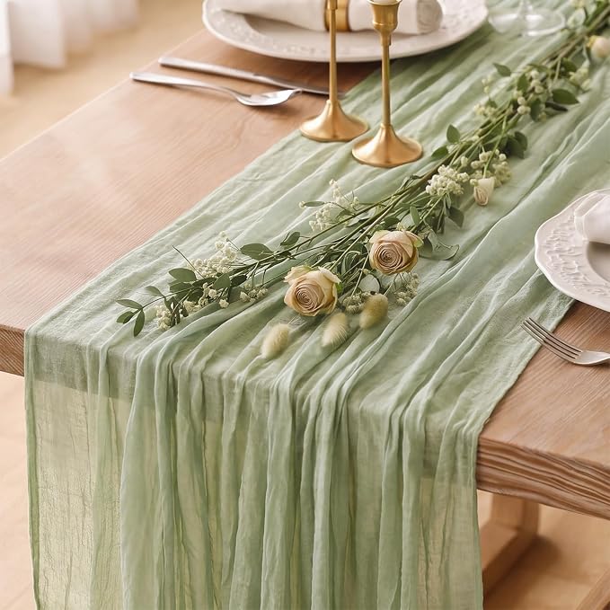 8 Pack Sage Green Cheesecloth Table Runner 120 Inch Boho Wedding Decor | by Fixwal