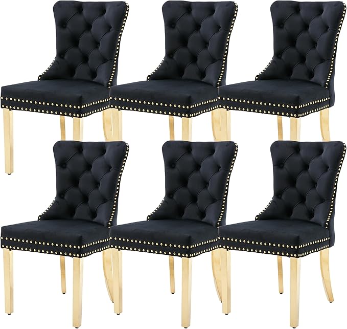 KCC Velvet Dining Chairs Set of 6, Upholstered High-end Tufted Dining Chair with Nailhead Back Ring Pull Trim Stainless Steel Legs, Contemporary Nikki Collection Modern Style for Kitchen, Black