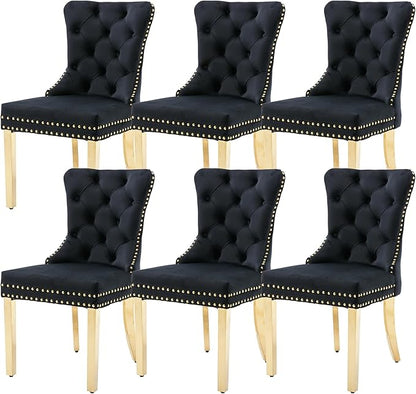 KCC Velvet Dining Chairs Set of 6, Upholstered High-end Tufted Dining Chair with Nailhead Back Ring Pull Trim Stainless Steel Legs, Contemporary Nikki Collection Modern Style for Kitchen, Black